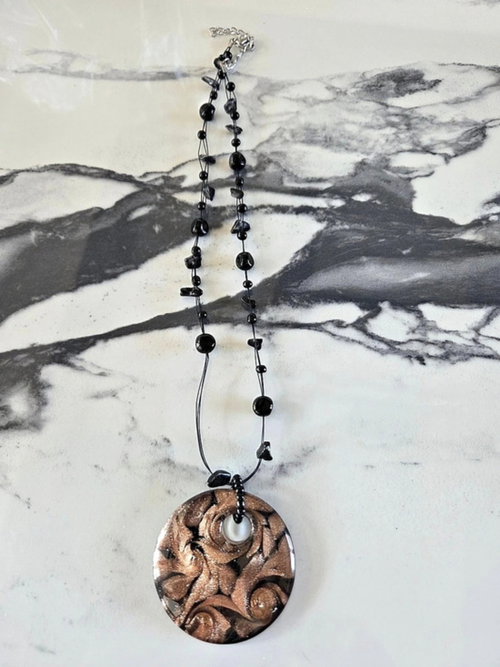 Murano Style Copper & Black Swirl Glass Pendant Multi-Strand Necklace